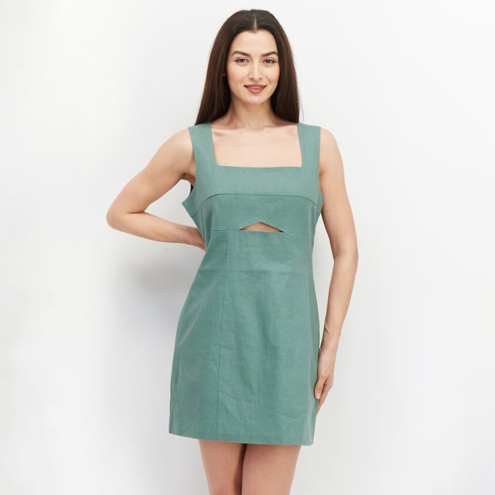 New Avec Les Filles Linen Blend Cut-Out Mini Sheath Dress Sage Green Size M